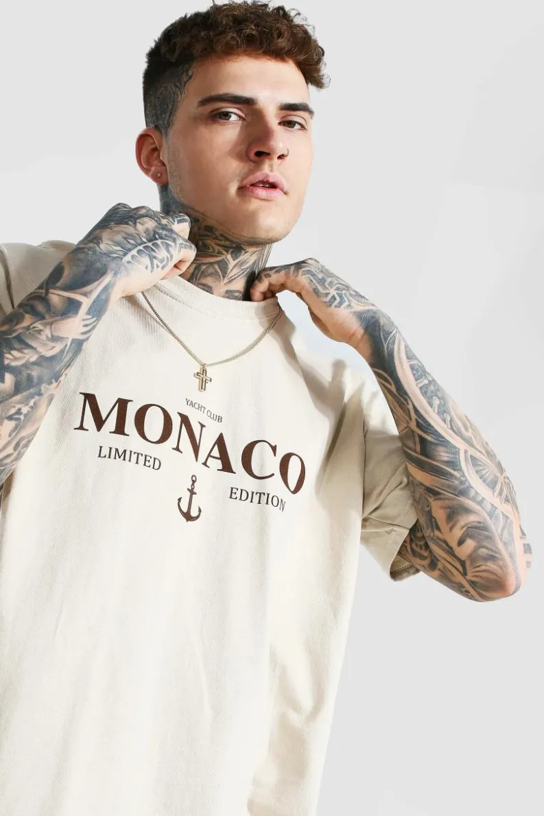 Online boohooMAN Oversized Monaco Limited Edition T-shirt sand