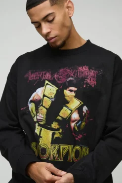 Shop boohooMAN Oversized Mortal Kombat Scorpion License Print Sweatshirt black