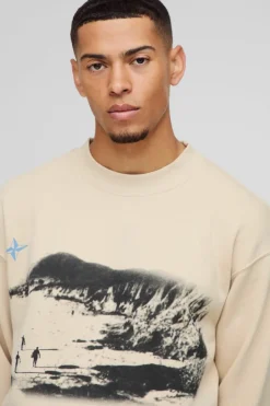 Fashion boohooMAN Oversized Mountain Trek Graphic Sweatshirt sand