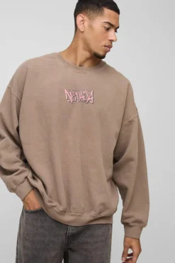 Online boohooMAN Oversized Nevada Bird Graphic Washed Sweatshirt stone