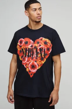 Shop boohooMAN Oversized Nirvana Floral Heart License T-Shirt black