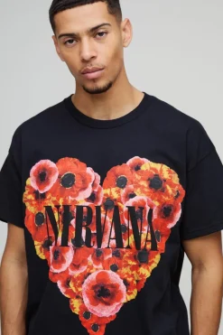Shop boohooMAN Oversized Nirvana Floral Heart License T-Shirt black