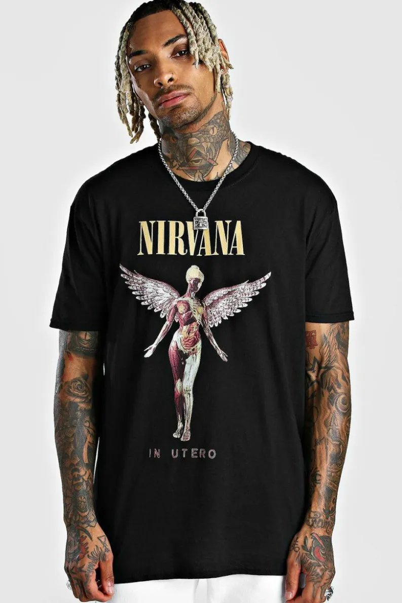 Online boohooMAN Oversized Nirvana License T-Shirt black