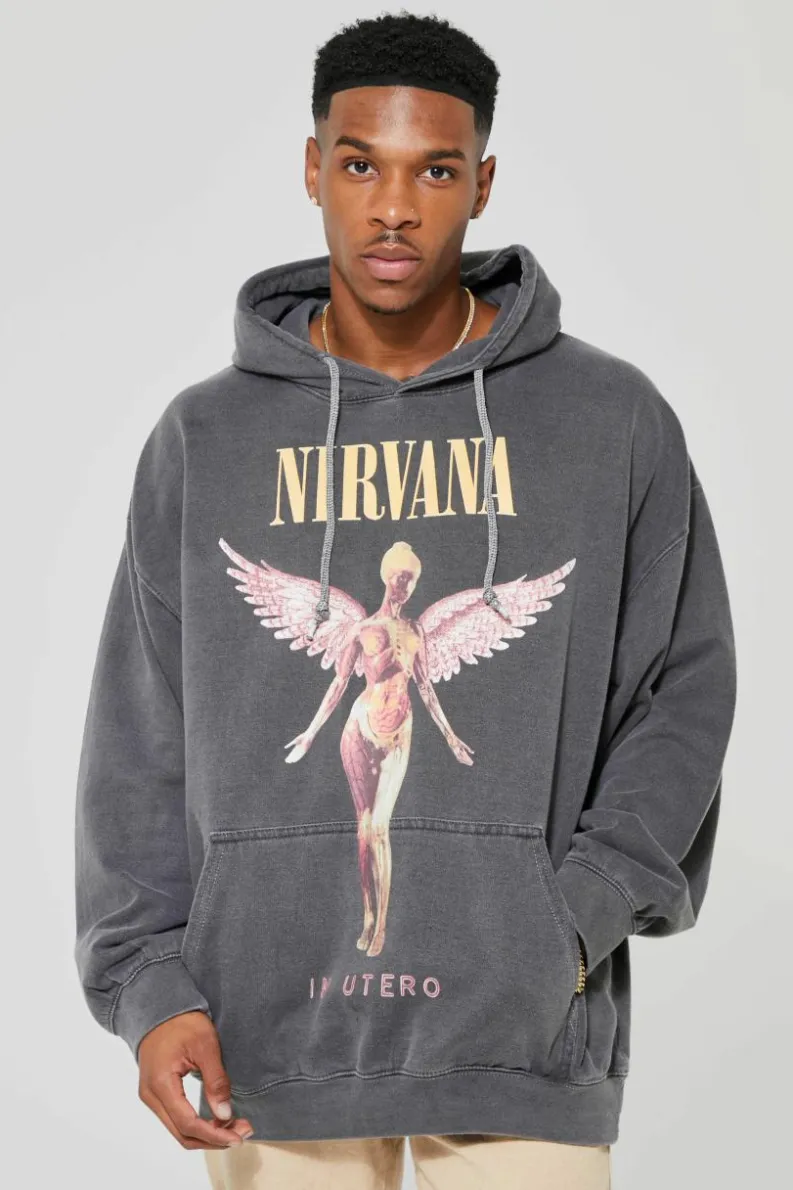 Cheap boohooMAN Oversized Nirvana Washed License Hoodie charcoal