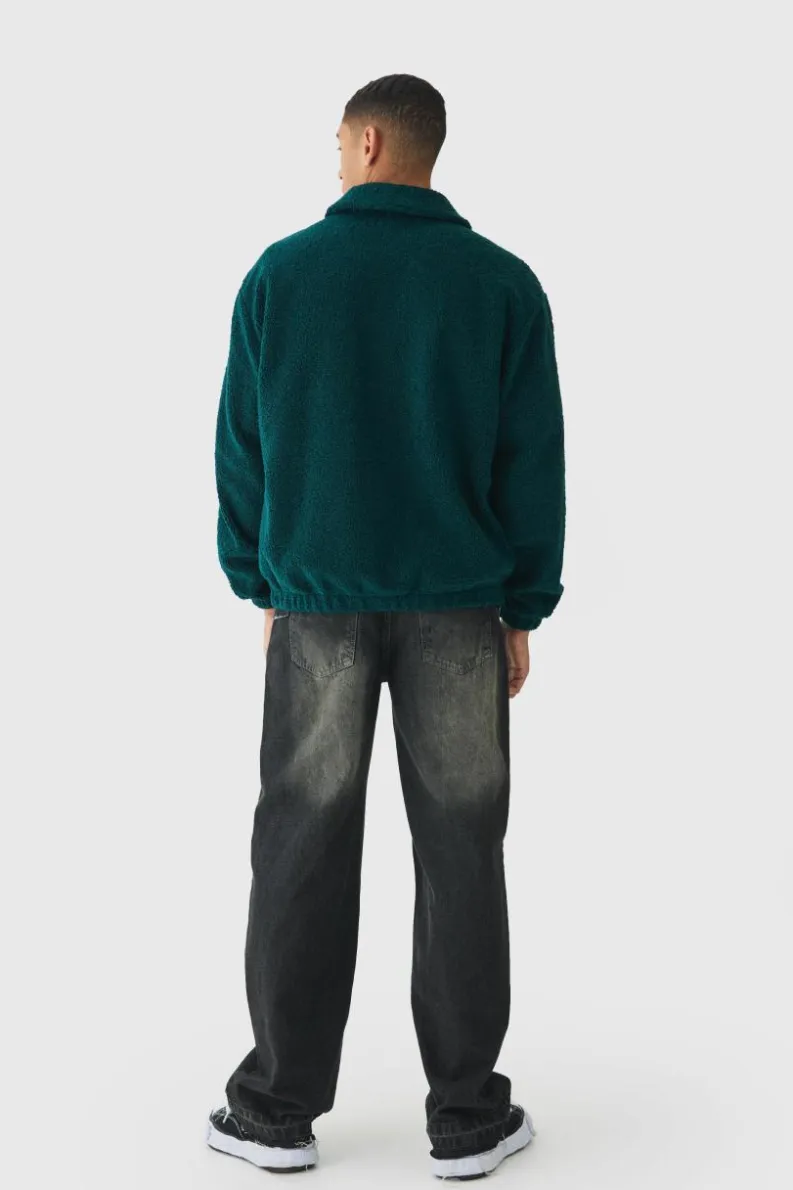 Cheap boohooMAN Oversized Ofcl Boxy Boucle Borg Harrington Jacket forest