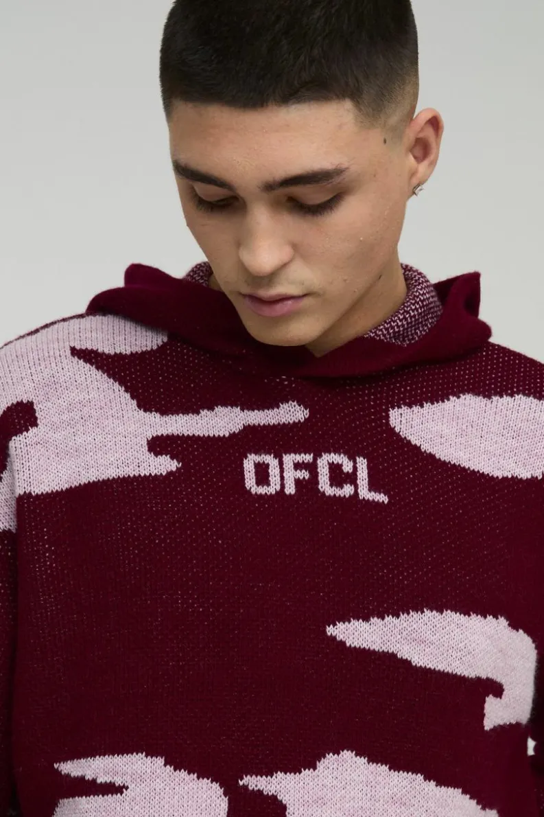 New boohooMAN Oversized Ofcl Camo Raw Edge Knitted Hoodie burgundy