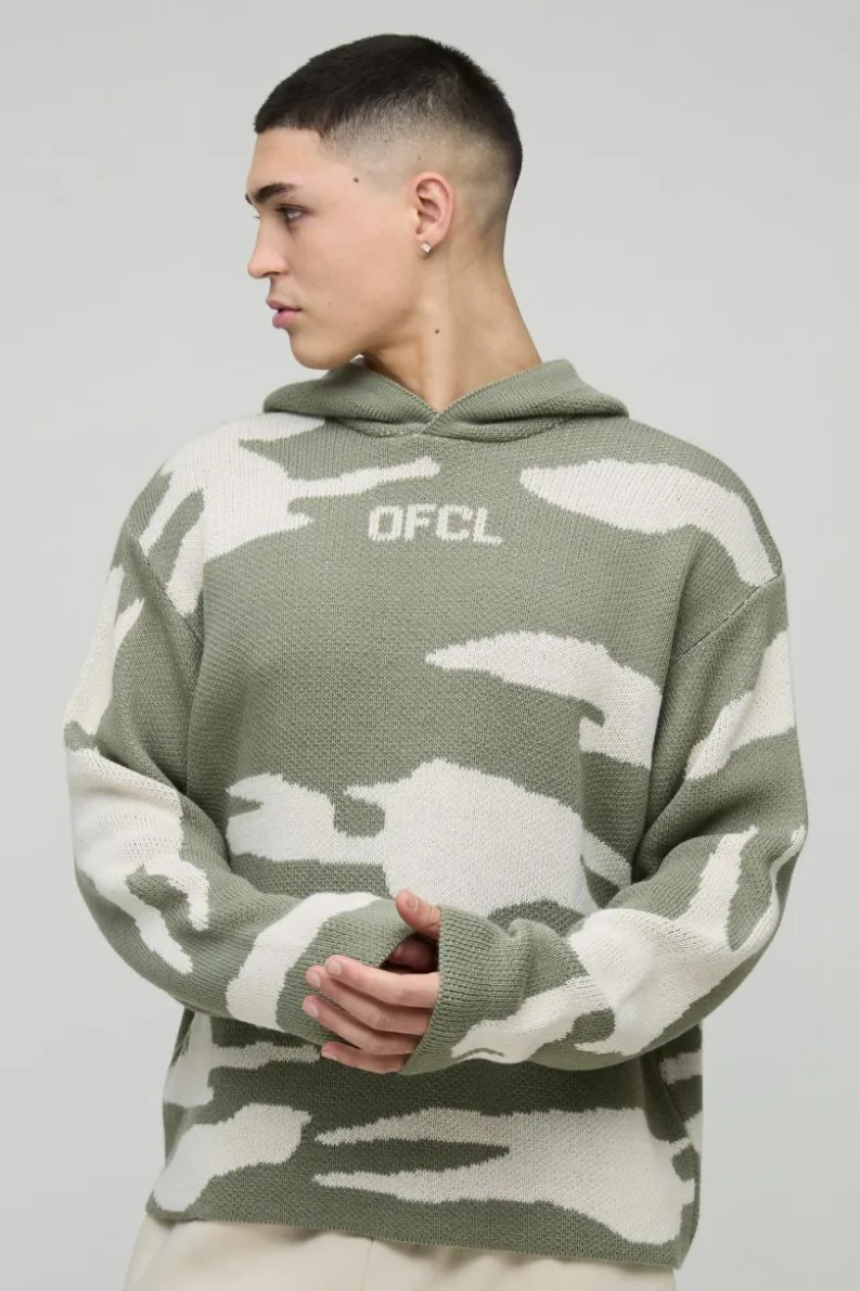 Hot boohooMAN Oversized Ofcl Camo Raw Edge Knitted Hoodie khaki