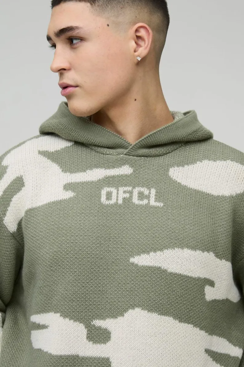 Hot boohooMAN Oversized Ofcl Camo Raw Edge Knitted Hoodie khaki