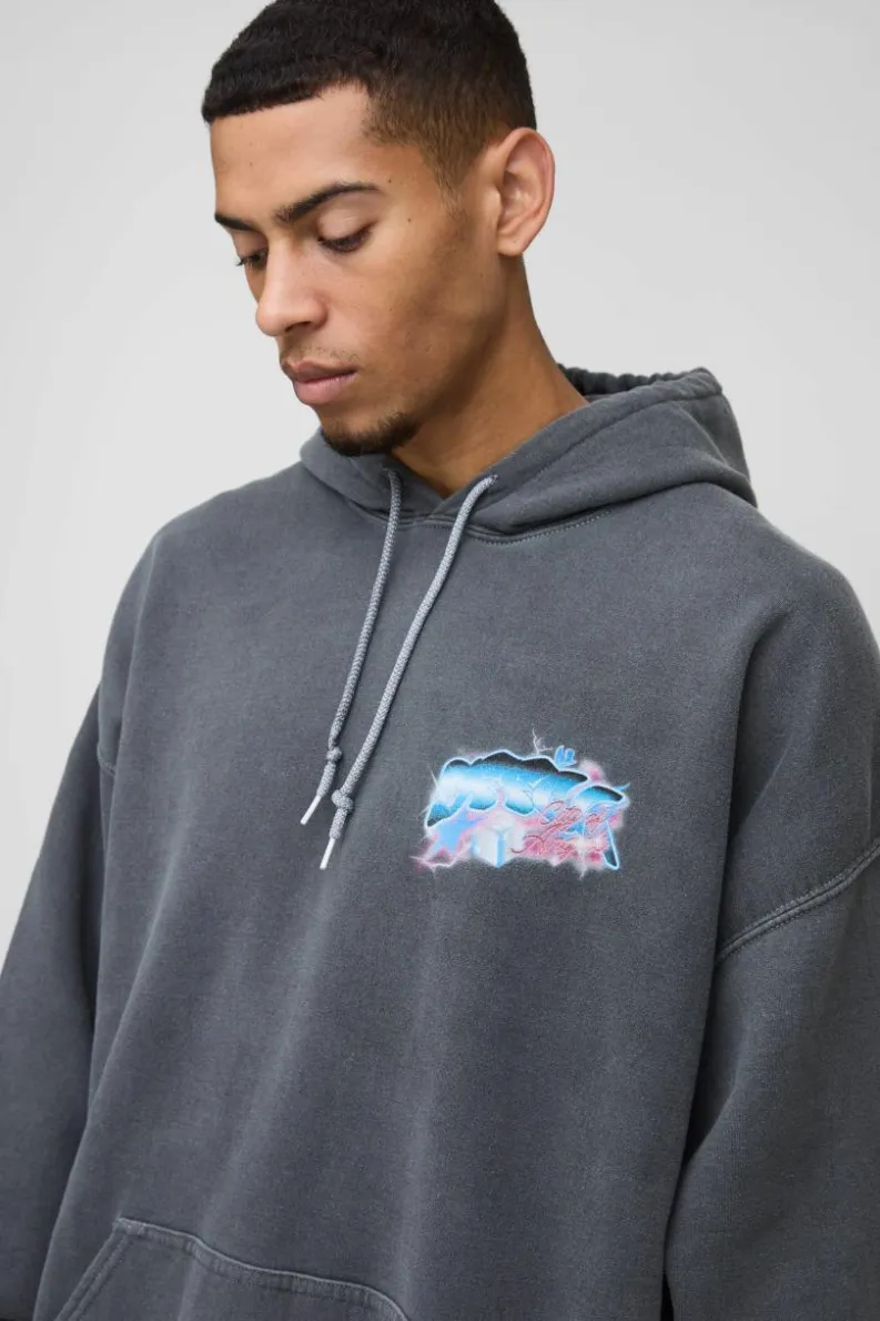 Outlet boohooMAN Oversized OFCL Graffiti Bird Graphic Washed Hoodie charcoal