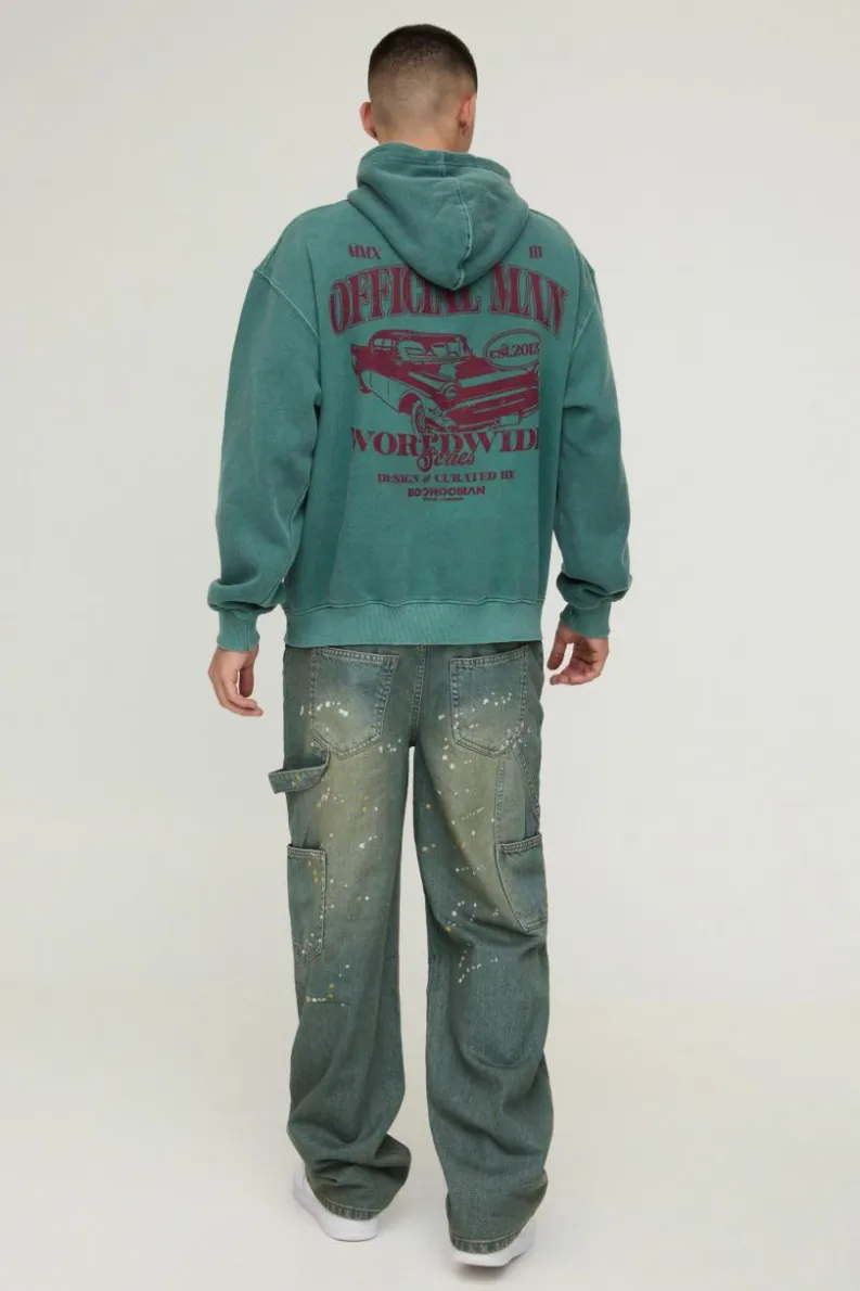 Best boohooMAN Oversized Official Car Graphic Washed Hoodie green