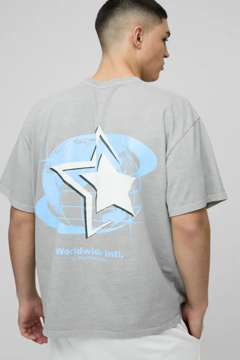 Discount boohooMAN Oversized Official Globe Star Print Washed T-Shirt grey