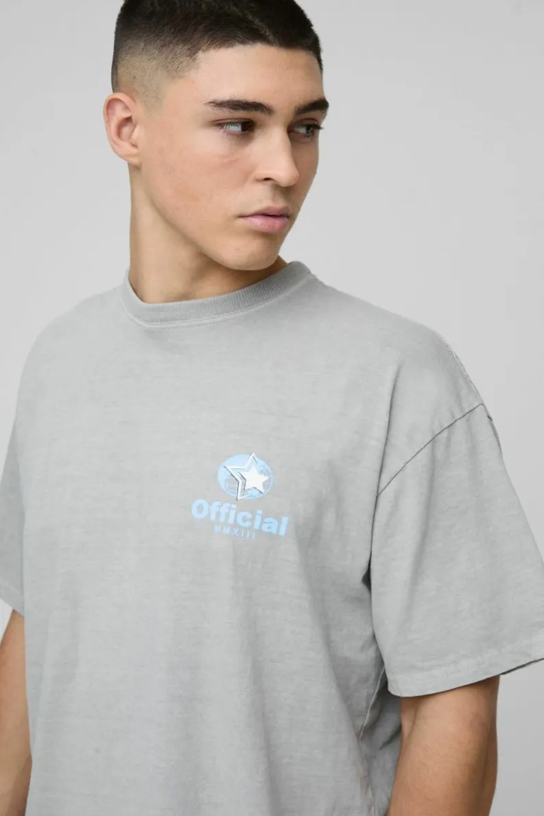 Discount boohooMAN Oversized Official Globe Star Print Washed T-Shirt grey