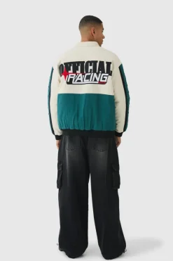 Cheap boohooMAN Oversized Official Twill Padded Moto Jacket In ecru