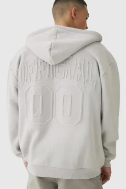 Shop boohooMAN Oversized Official Varsity Embossed Zip Through Hoodie light grey