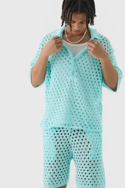 Hot boohooMAN Oversized Open Stitch Polo & Short Set light blue
