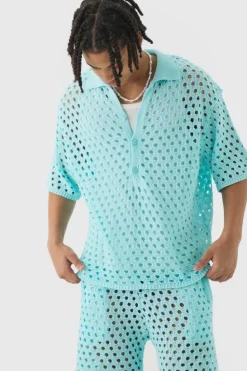 Hot boohooMAN Oversized Open Stitch Polo & Short Set light blue