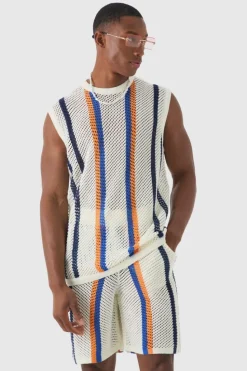 Sale boohooMAN Oversized Open Stitch Stripe Knitted Tank Set stone