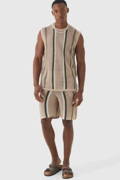 Flash Sale boohooMAN Oversized Open Stitch Stripe Knitted Tank Set taupe