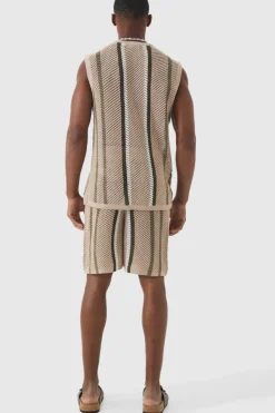 Flash Sale boohooMAN Oversized Open Stitch Stripe Knitted Tank Set taupe