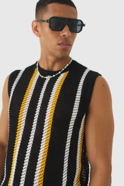 Hot boohooMAN Oversized Open Stitch Stripe Knitted Tank Set black