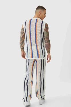 Outlet boohooMAN Oversized Open Stitch Stripe Knitted Tank & Trouser Set stone