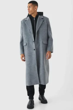 Best Sale boohooMAN Oversized Overcoat With Faux Hooded Jersey Layer In grey