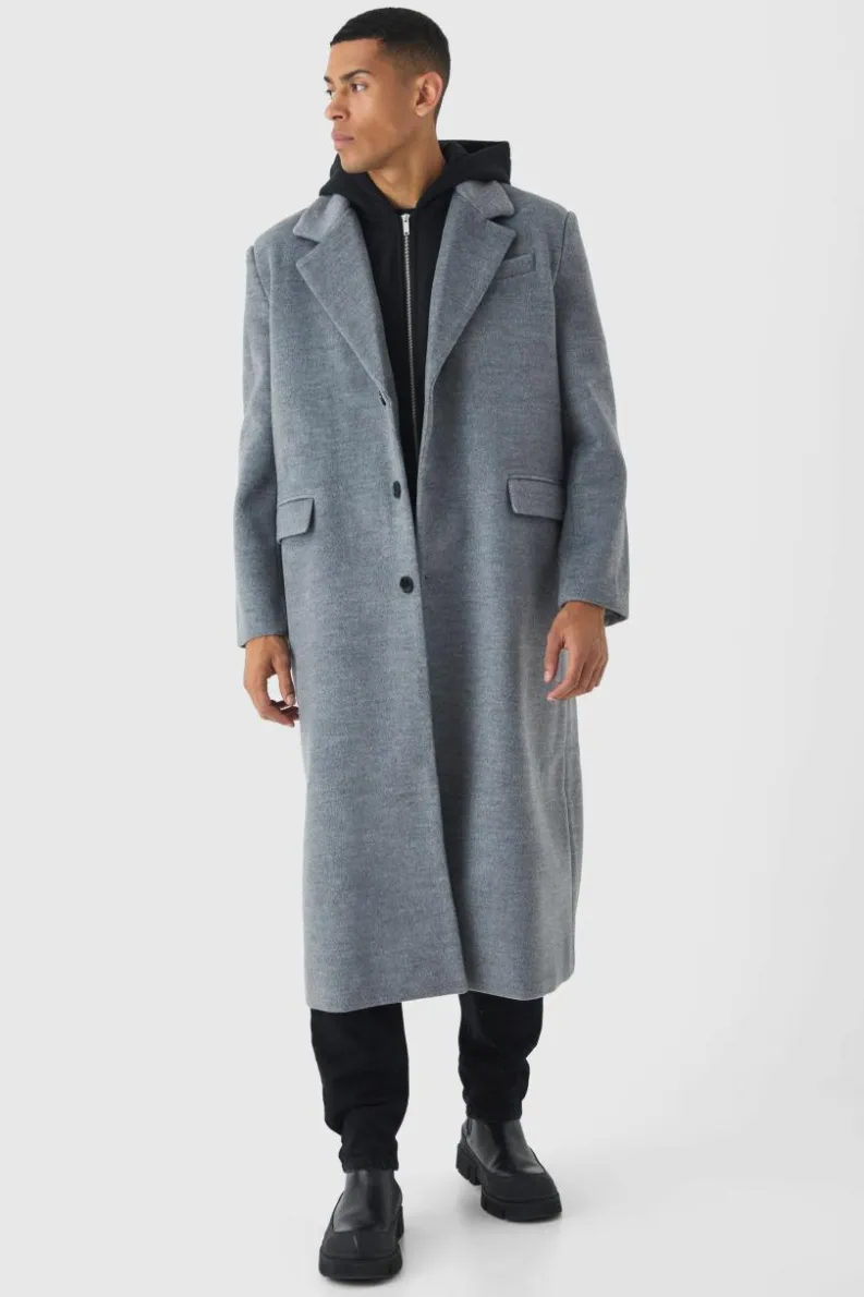 Best Sale boohooMAN Oversized Overcoat With Faux Hooded Jersey Layer In grey