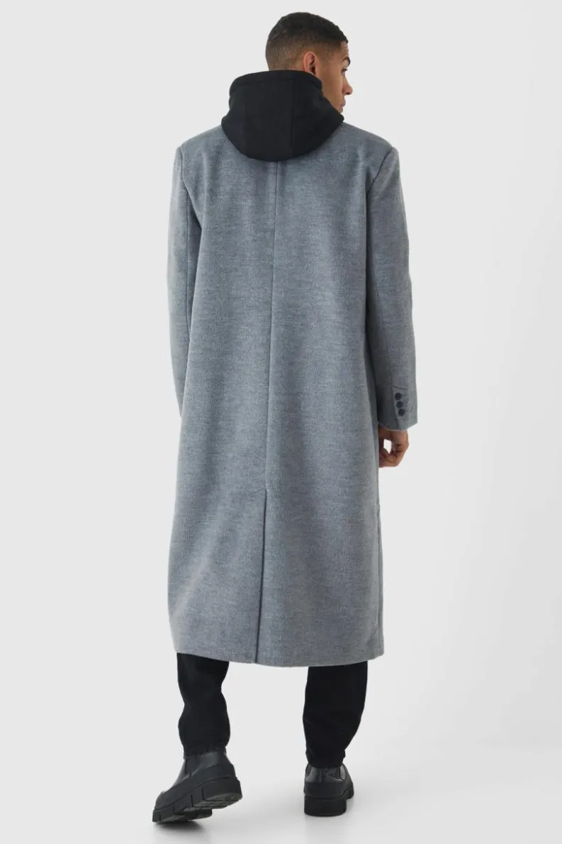 Best Sale boohooMAN Oversized Overcoat With Faux Hooded Jersey Layer In grey