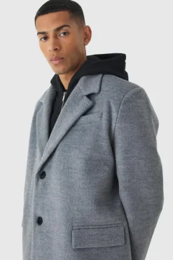 Best Sale boohooMAN Oversized Overcoat With Faux Hooded Jersey Layer In grey