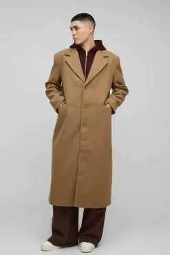 Store boohooMAN Oversized Overcoat With Faux Hooded Jersey Layer In tan