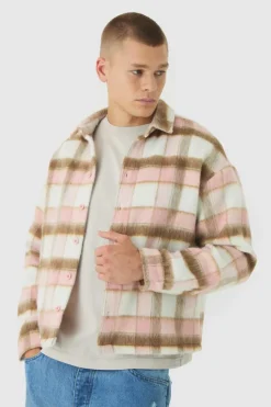 Cheap boohooMAN Oversized Overshirt Brushed Check light pink