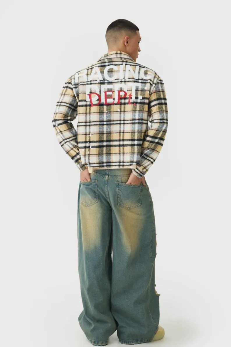 Clearance boohooMAN Oversized Paint Splatter Check Shirt yellow