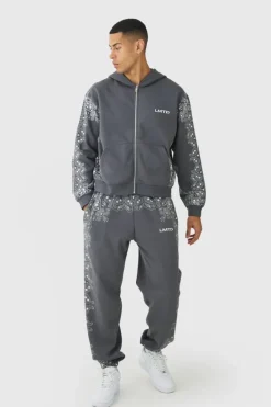 Clearance boohooMAN Oversized Paisley Border Printed Tracksuit charcoal