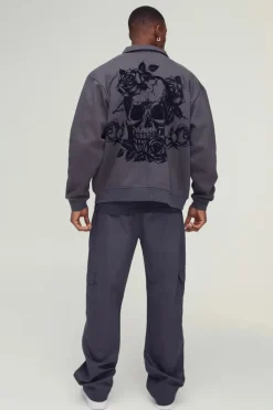 Best Sale boohooMAN Oversized Peached Flock Print Skull Bomber Jacket charcoal