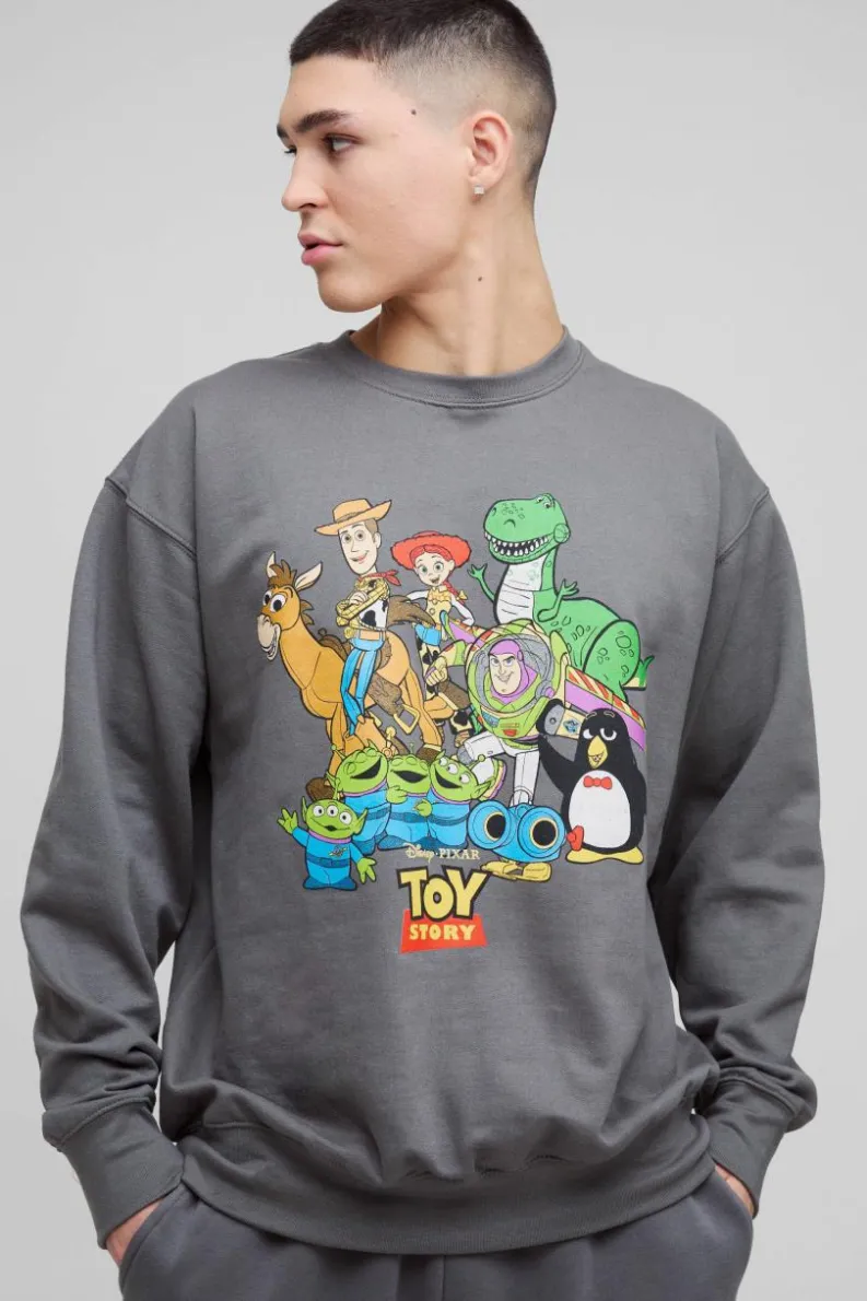 Fashion boohooMAN Oversized Pixar Toy Story License Print Sweatshirt charcoal