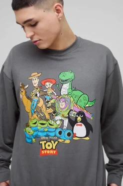 Fashion boohooMAN Oversized Pixar Toy Story License Print Sweatshirt charcoal
