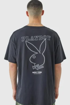 Fashion boohooMAN Oversized Playboy Rhinestone License T-shirt black