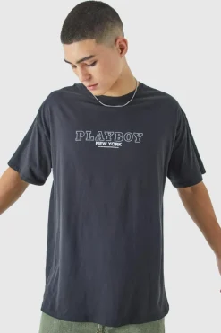 Fashion boohooMAN Oversized Playboy Rhinestone License T-shirt black