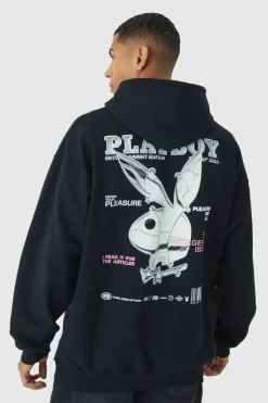 Outlet boohooMAN Oversized Playboy Varsity License Print Hoodie black