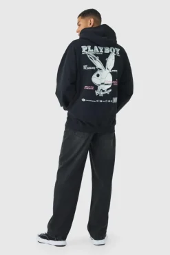 Outlet boohooMAN Oversized Playboy Varsity License Print Hoodie black