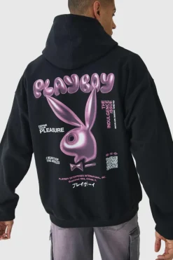 Flash Sale boohooMAN Oversized Playboy Varsity License Print Hoodie black