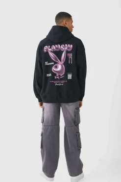 Flash Sale boohooMAN Oversized Playboy Varsity License Print Hoodie black