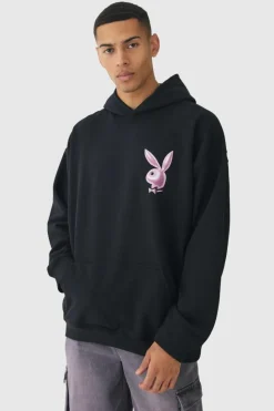 Flash Sale boohooMAN Oversized Playboy Varsity License Print Hoodie black