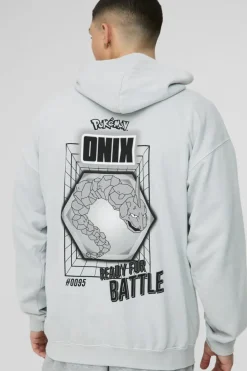 Online boohooMAN Oversized Pokemon Onix License Wash Print Hoodie grey