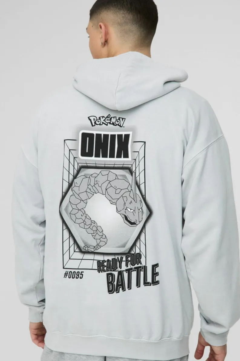Online boohooMAN Oversized Pokemon Onix License Wash Print Hoodie grey