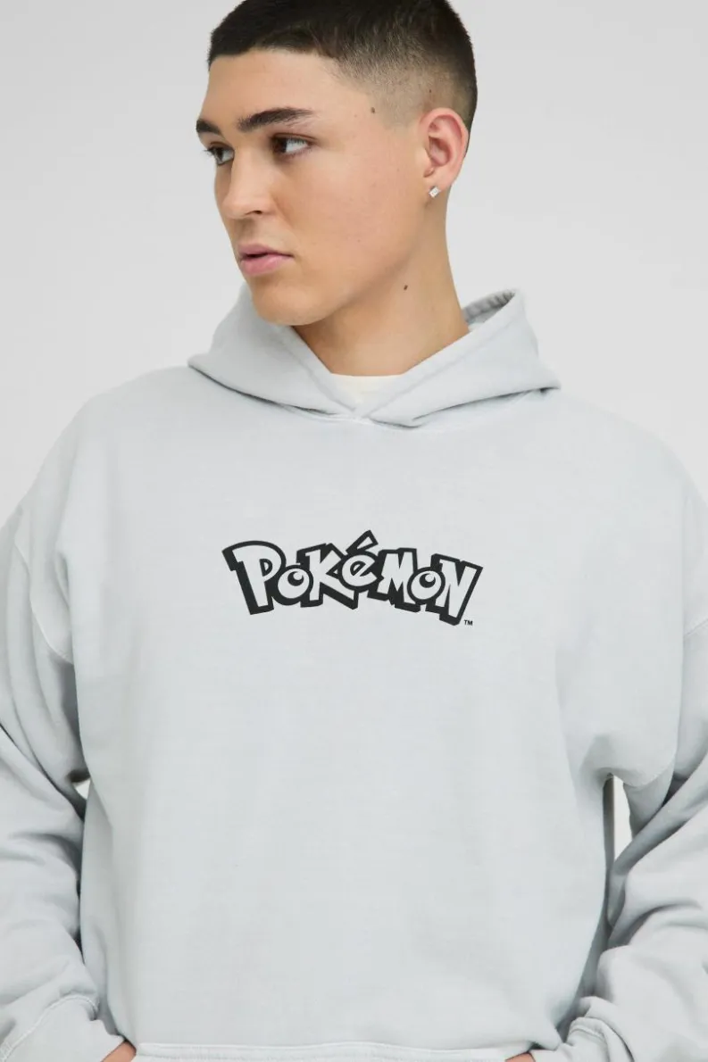 Online boohooMAN Oversized Pokemon Onix License Wash Print Hoodie grey