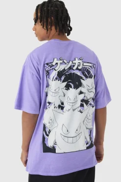 Cheap boohooMAN Oversized Pokemon Wash Extended Neck Gengar License T-shirt purple
