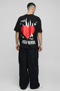 Outlet boohooMAN Oversized Pour Homme Flame Heart Graphic T-Shirt black