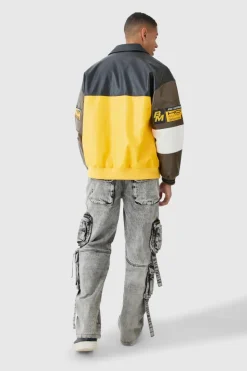 Cheap boohooMAN Oversized PU Badge Moto Jacket yellow