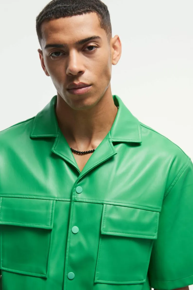 Fashion boohooMAN Oversized PU Short Sleeve Overshirt bright green